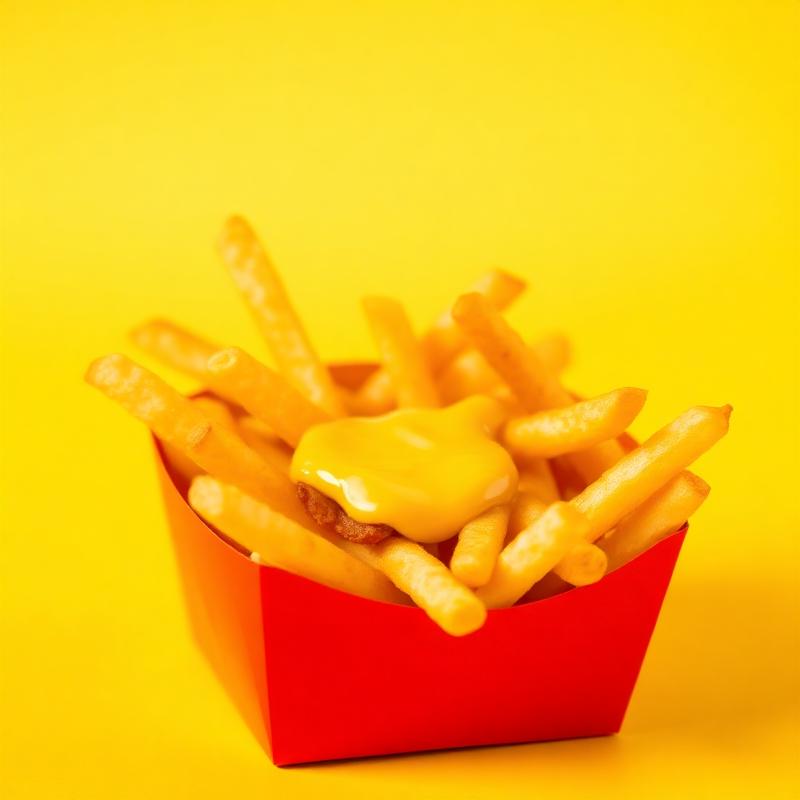 Loaded fries with cheese sauce in a red carton