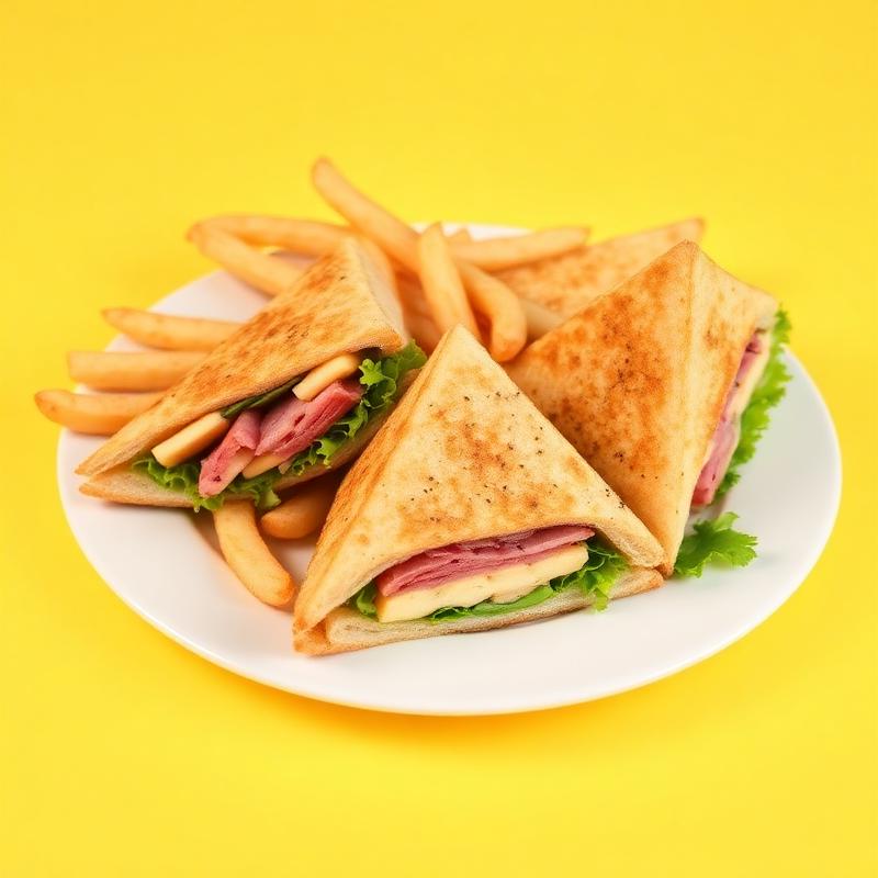 Club sandwich triangles with fries