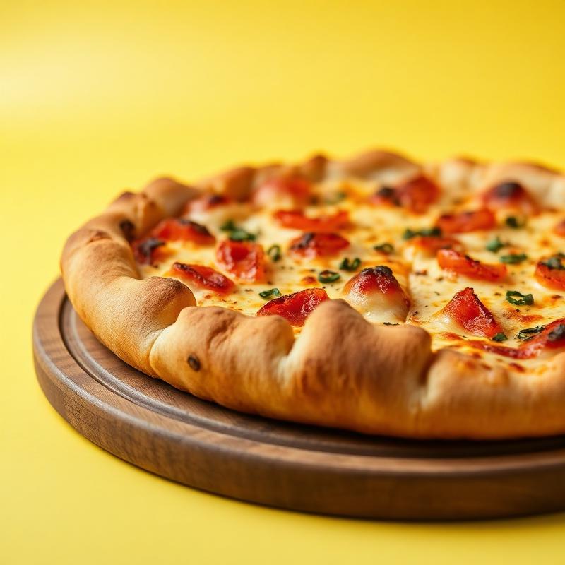 Special pizza with thick golden crust on a wooden board
